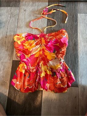 Vibrant Floral Halter Peplum Top in Pink, Orange & Yellow